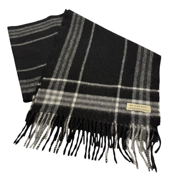Burberry Black Gray & White Plaid Check Fringe Cashmere-Wool Blend Scarf - Picture 2 of 7